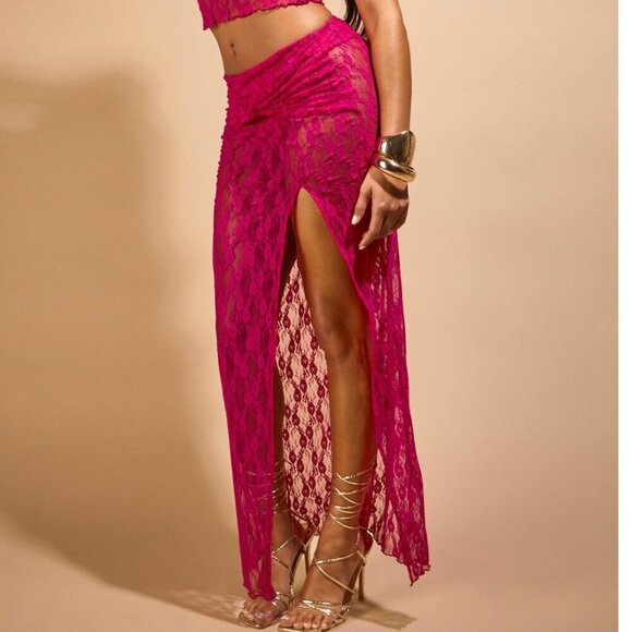 Boohoo Molly Smith Lace Ruched Split Maxi Skirt - Size 12 - NWT - Picture 1 of 11